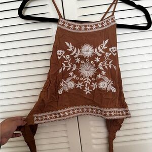 Brown Embroidered Floral Tie-Back Crop Top